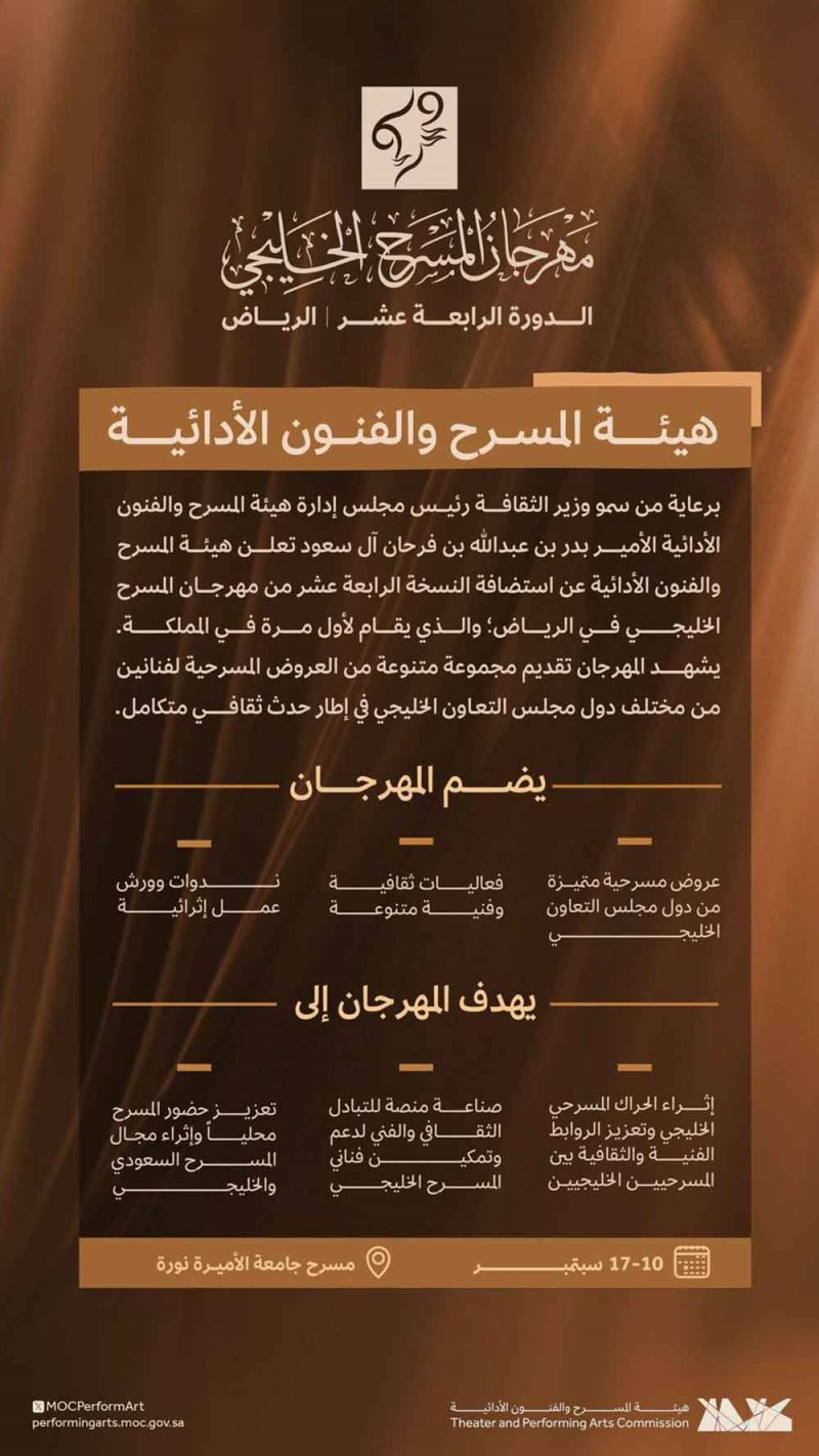 هيئة المسرح والفنون الأدائية تُعلن عن موعد إقامة المؤتمر الصحفي الخاص بالكشف عن تفاصيل مهرجان المسرح الخليجي
