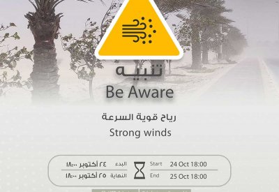 "الأرصاد الجوية" تحذر من هبوب رياح قوية السرعة