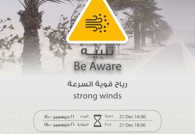 "الأرصاد" تحذر من رياح شديدة السرعة