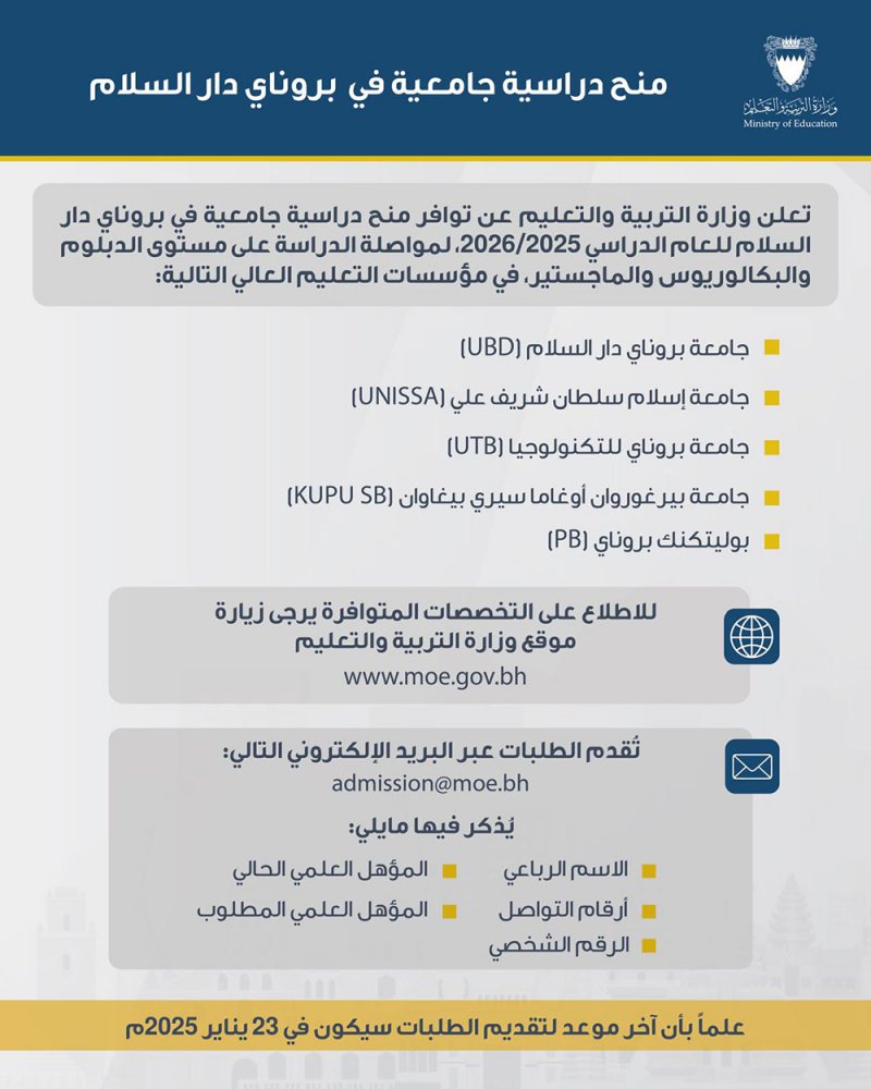 الإعلان عن منح دراسية في عدد من جامعات بروناي