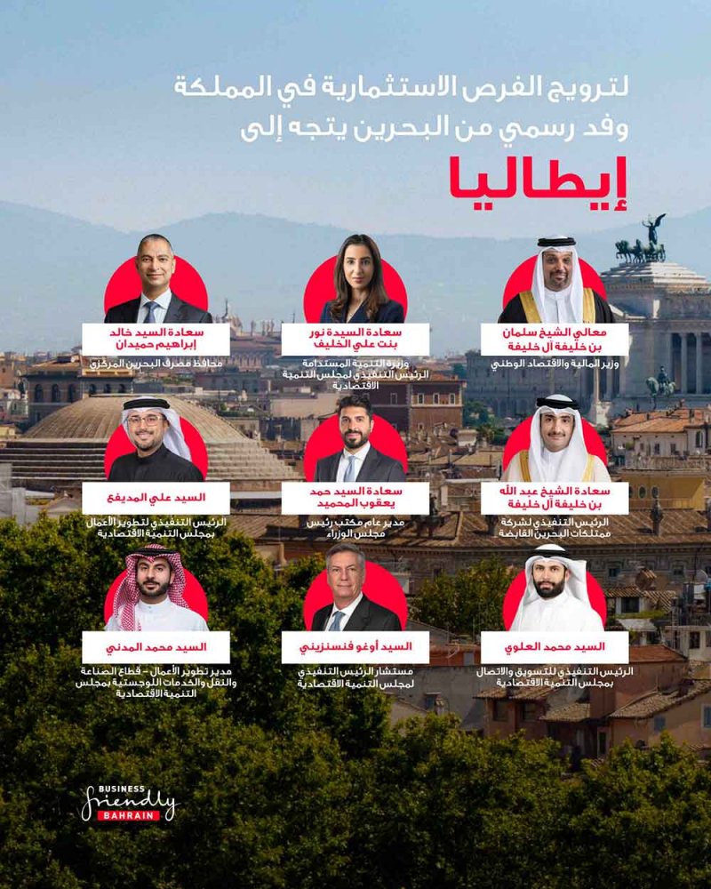 وفد رسمي من البحرين برئاسة وزير "المالية" يتجه إلى إيطاليا لترويج الفرص الاستثمارية في المملكة