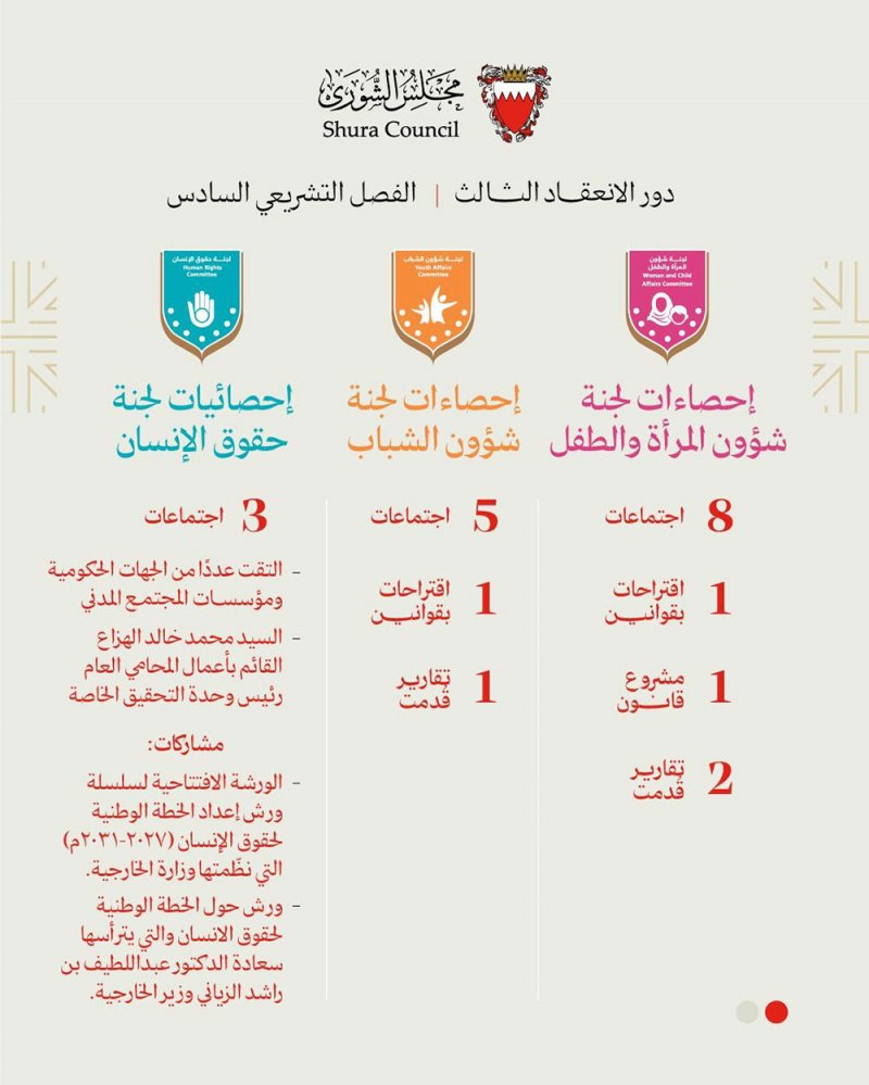 16 اجتماع للجان "المرأة والطفل" و"الشباب" و"حقوق الانسان" بمجلس الشورى