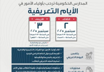 "التربية": إقامة اليوم التعريفي لأولياء الأمور في المدارس الحكومية الثلاثاء والأربعاء المقبلين