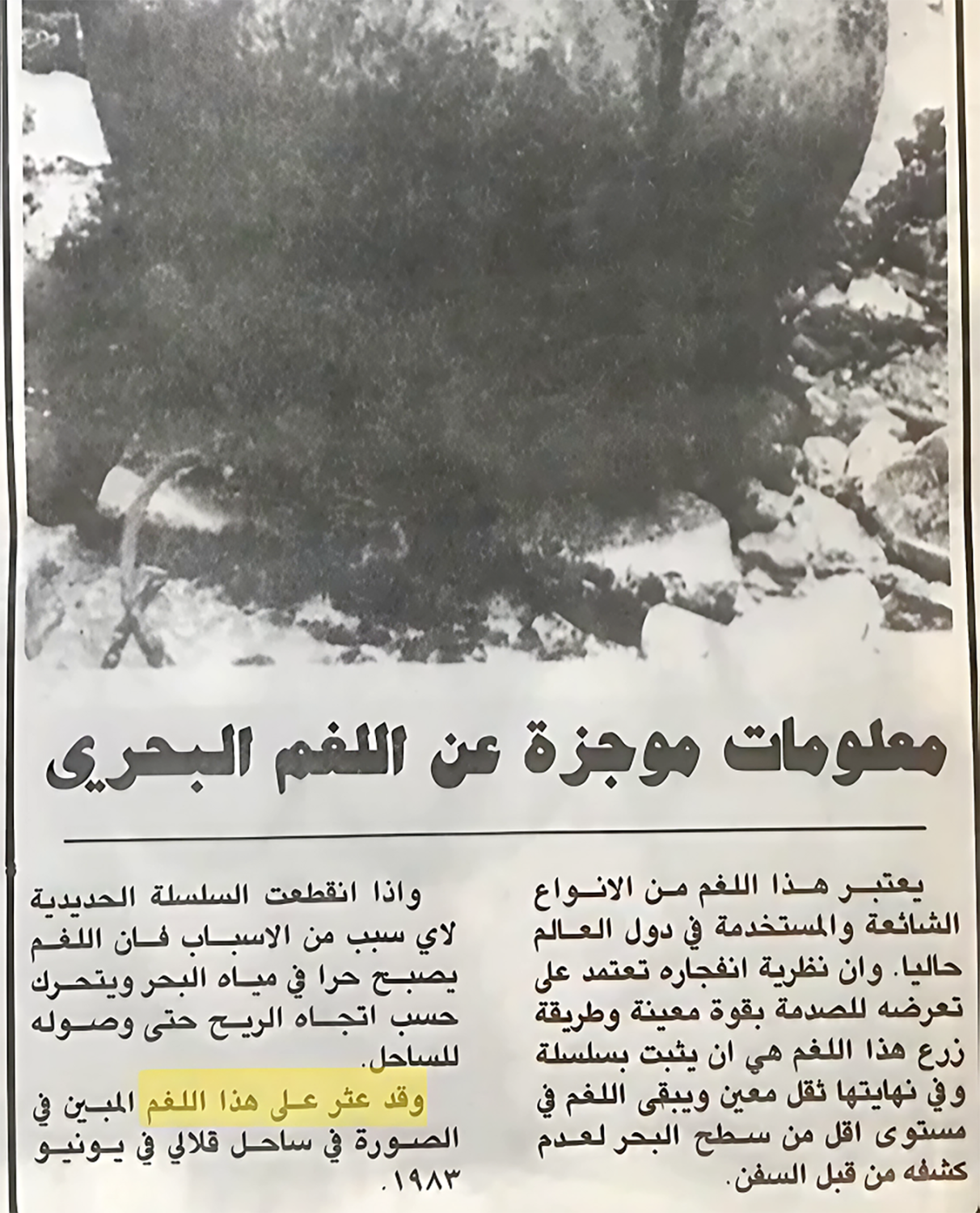 قصاصة من صحيفة “أخبار الخليج” بعد وقوع الحادثة للتوعية بمخاطر اللغم