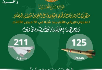 القيادة العامة لقوة دفاع البحرين: اعتراض وتدمير 125 صاروخًا و 211 طائرة مسيرة منذ بدء الاعتداء الإيراني الغاشم