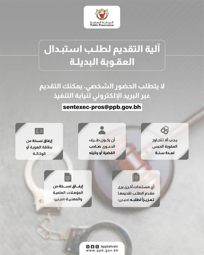 النيابة العامة توضح آلية التقديم لاستبدال العقوبة البديلة