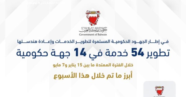 تطوير 54 خدمة في 14 جهة حكومية خلال الفترة من 15 يناير إلى 7 مايو