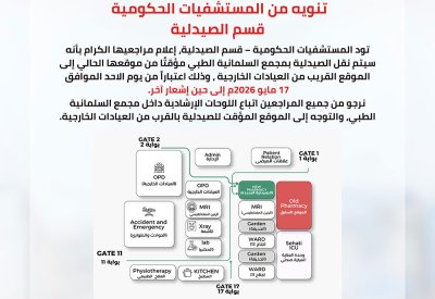 نقل صيدلية مجمع السلمانية الطبي مؤقتًا قرب العيادات الخارجية اعتبارًا من 17 مايو
