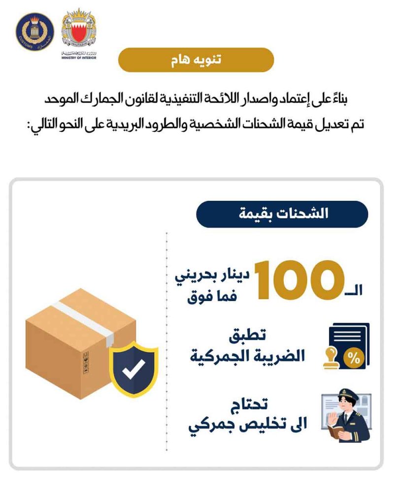 إخضاع الشحنات الشخصية البالغة  100 دينار وأكثر للرسوم الجمركية