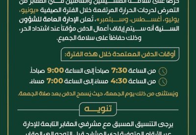 تنظيم أوقات الدفن صيفًا حفاظًا على سلامة المشيعين والعاملين بالمقابر