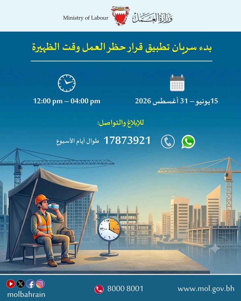 بدء سريان تطبيق قرار حظر العمل وقت الظهيرة اعتبارًا من بعد غد الإثنين