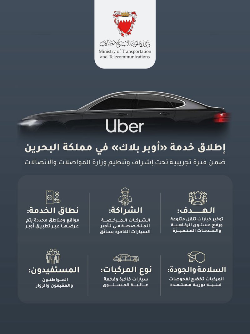 وزارة المواصلات والاتصالات: إطلاق خدمة «أوبر بلاك» تجريبياً في مملكة البحرين بالتعاون مع شركات مرخصة
