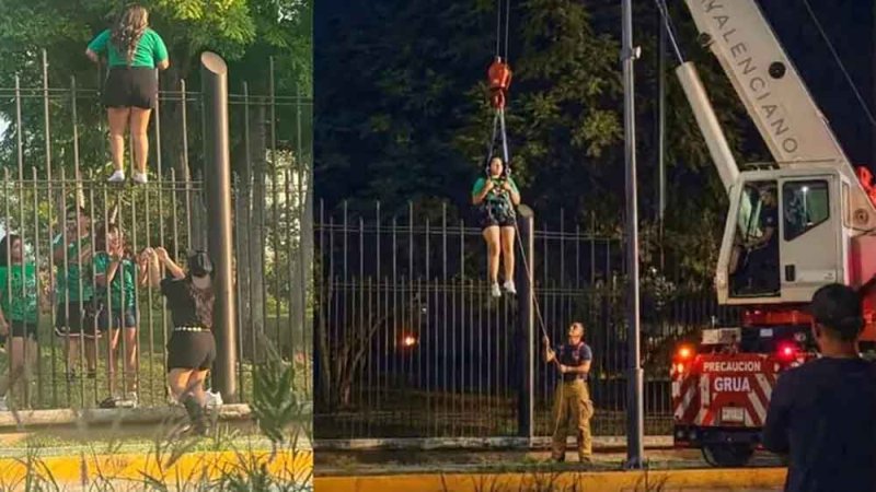 إنزال مشجعة مكسيكية برافعة بعدما علقت فوق سياج منطقة الجماهير