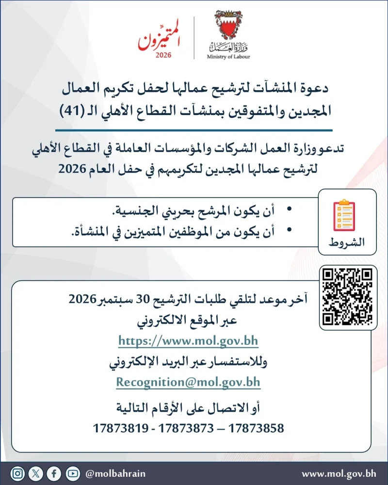 تحت رعاية جلالة الملك المعظم.. وزارة العمل تعلن فتح باب التسجيل لحفل تكريم العمال المجدين والمتفوقين بمنشآت القطاع الأهلي (41)