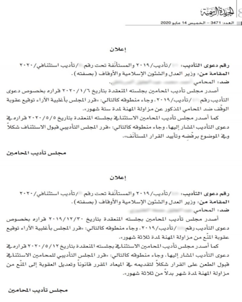 منع محاميين من مزاولة المهنة شهرا و6 أشهر